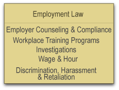 Employement Law | employer counseling and compliance | workplace training programs | investigations | wage and hour | discrimination | harassment | retaliation 
